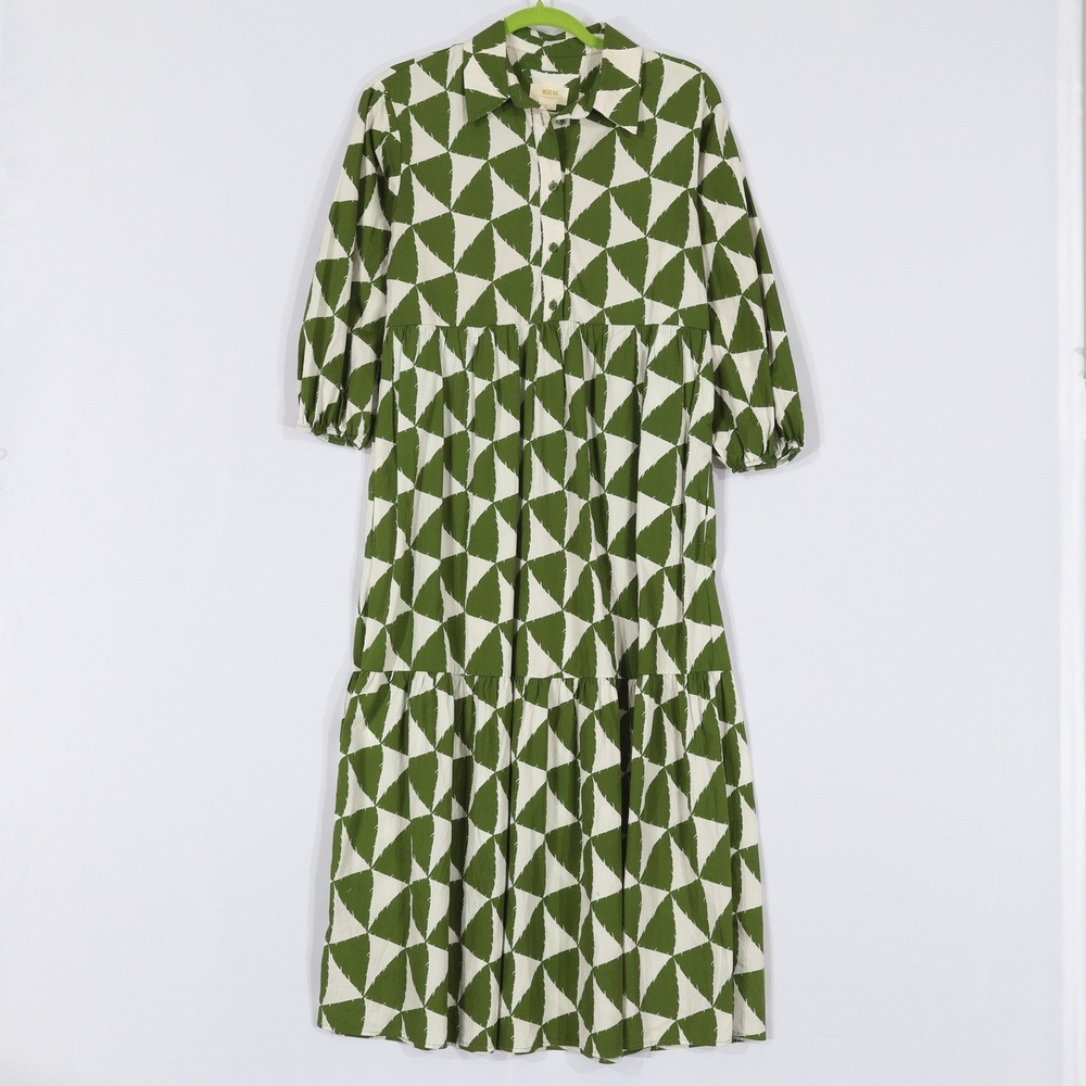 Maeve Shirtdress WomensXS Green Geometric Tiered Midi Pockets Twee Anthropologie